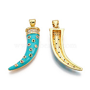 Brass Micro Pave Cubic Zirconia Pendants, with Enamel and Brass Snap on Bails, Scabbard/Tusk, Real 18K Gold Plated, Turquoise, 28x9x5mm, Hole: 3x5mm(KK-N227-02B)