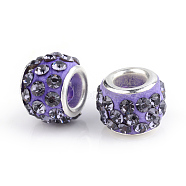 Polymer Clay Rhinestone European Beads, Large Hole Beads, Rondelle, with Silver Color Plated Brass Cores, Tanzanite, 10~12x7~8mm, Hole: 5mm(X-CPDL-T001-25)