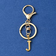 304 Stainless Steel Initial Letter Charm Keychains, with Alloy Clasp, Golden, Letter J, 8.5cm(KEYC-YW00005-10)