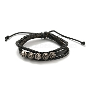 PU Imitation Leather Braided Cord Bracelets, Skull Alloy Triple Layer Multi-strand Bracelets, Black, Inner Diameter: 2-1/4~3-3/4 inch(5.7~9.5cm)(BJEW-G709-07B-AS)