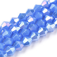 Imitation Jade Electroplate Glass Beads Strands, AB Color Plated, Faceted, Bicone, Royal Blue, 6x6mm, Hole: 1.2mm, about 45~47pcs/strand, 9.65~9.84 inch(24.5~25cm)(EGLA-A039-J6mm-B04)