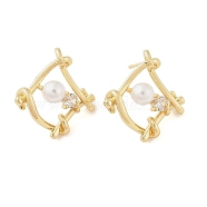 Brass Rhombus Stud Earrings for Women, with ABS Imitation Pearls & Rhinestone Rhinestone, Real 18K Gold Plated, 24x22mm(EJEW-F346-03G)