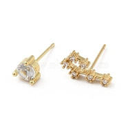 Cubic Zirconia Constellation Asymmetrical Earrings, Real 18K Gold Plated Brass Stud Earrings, Cadmium Free & Lead Free, Leo, 6x13mm, 6x6mm, Pin: 0.7mm(EJEW-C035-16G-01)