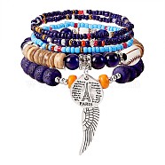 5Pcs 5 Style Wood & Glass Seed & Acrylic Beaded Stretch Bracelets Set with Baseball, Bohemian Stackable Bracelets with Alloy Wings & Pairs Charm for Women, Royal Blue, 7-1/8 inch(18cm), 1Pc/style(JB709E)