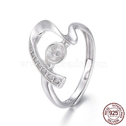 Adjustable Rhodium Plated 925 Sterling Silver Finger Ring Components, For Half Drilled Beads, with Micro Pave Cubic Zirconia, Heart, Platinum, Size 6, 16.5mm, Tray: 3.5mm, Pin: 0.8mm(STER-F048-23P)