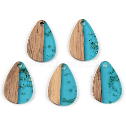 Transparent Resin & Walnut Wood Pendants, with Gold Gold Foil, Teardrop, Dark Turquoise, 21.5x14.5x3mm, Hole: 2mm(RESI-S389-027A-B03)