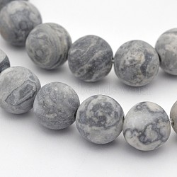 Natural Map Stone/Picasso Stone/Picasso Jasper Beads Strands, Round, Frosted, Dark Gray, 10mm, Hole: 1mm, about 38pcs/strand, 15.3 inch(X-G-D657-10mm)