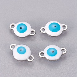 304 Stainless Steel Enamel Links connectors, Flat Round with Evil Eye, Stainless Steel Color, White, 12x8x4mm, Hole: 1.4mm(STAS-F206-02P-B10)