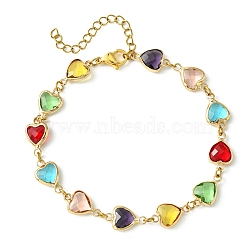 Colorful Glass Heart Link Bracelets, Brass Cable Chains Jewelry for Women, Golden, 7-7/8 inch(20cm)(BJEW-JB10578)