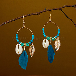 Ring with Leaf Zinc Alloy Acrylic Dangle Earrings, with Feather & Natural Shell, Bohemian Style, Golden, Cadet Blue, 90x30mm(FS-WGF3871-03)