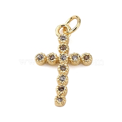 Brass Micro Pave Clear Cubic Zirconia Pendants, with Jump Ring, Cadmium Free & Lead Free, Cross, Real 18K Gold Plated, 20x13x2.5mm, Hole: 3mm(KK-WH0035-71)