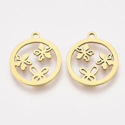 201 Stainless Steel Pendants, Laser Cut Pendants, Flat Round with Flower, Golden, 17.5x15.5x1mm, Hole: 1.2mm(STAS-S110-041G)
