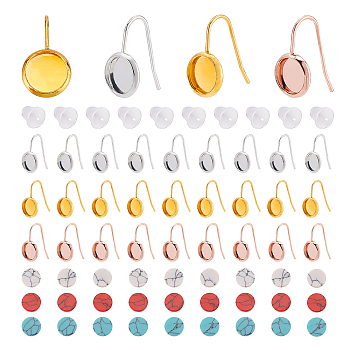 30Pcs 3 Color 304 Stainless Steel Earring Hooks with Flat Round Settings, with 50Pcs Plastic Ear Nuts and 30Pcs Synthetic Turquoise Cabochons, Mixed Color, 18.5x10mm, 21 Gauge, Pin: 0.7mm, Tray: 8mm, 10Pcs/color