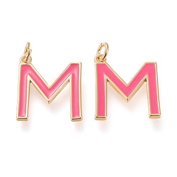 Brass Enamel Pendants, with Jump Ring, Long-Lasting Plated, Real 18K Gold Plated, Letter.M, Hot Pink, Letter.M, M: 18x15x1.8mm, Jump Rings: Inner Diameter: 3mm