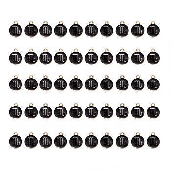 Alloy Enamel Pendants, Flat Round with Constellation, Light Gold, Black, Scorpio, 15x12x2mm, Hole: 1.5mm, 50pcs/Box