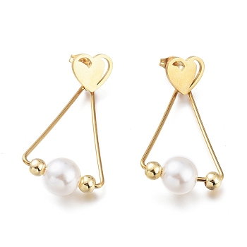 304 Stainless Steel Dangle Stud Earrings, with Plastic Beads and Ear Nuts, Heart with Triangle, Golden, 47mm, Pin: 0.7mm