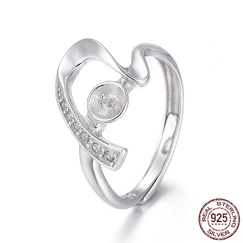 Adjustable Rhodium Plated 925 Sterling Silver Finger Ring Components, For Half Drilled Beads, with Micro Pave Cubic Zirconia, Heart, Platinum, Size 6, 16.5mm, Tray: 3.5mm, Pin: 0.8mm