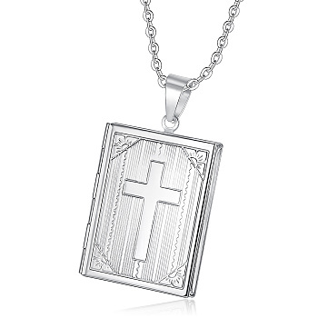 Titanium Steel Rectangle with Cross Pendant Necklace, Photo Locket Necklaces, Stainless Steel Color, 19.69 inch(50cm)