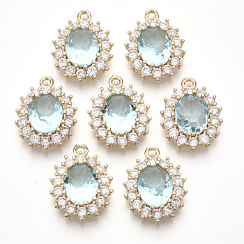 Transparent Faceted Glass Pendants, with Clear Rhinestone and Golden Tone Brass Open Back Settings, Oval, Pale Turquoise, 20x15x6mm, Hole: 1.4mm