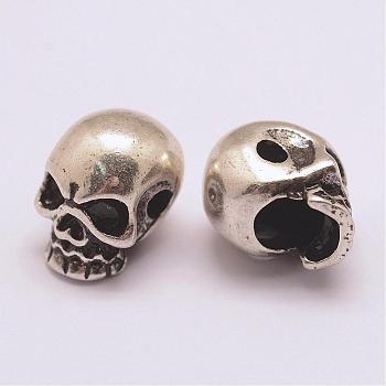 Brass Beads, Long-Lasting Plated, Cadmium Free & Nickel Free & Lead Free, Skull, Antique Silver, 10x8x10mm, Hole: 2mm