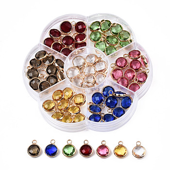 K9 Glass Charms, with Brass Findings, Flat Round, Faceted, Mixed Color, Light Gold, 11.5x8.5x4mm, Hole: 1.8mm