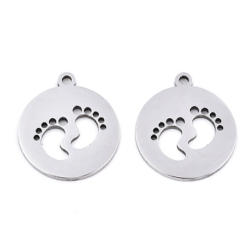 201 Stainless Steel Pendants, Laser Cut, Hollow, Flat Round with Baby Feet, Stainless Steel Color, 17x15x0.9mm, Hole: 1.4mm
