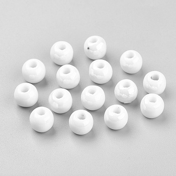 Pearlized Round White Handmade Porcelain Ceramic Beads, 8mm, Hole: 2mm