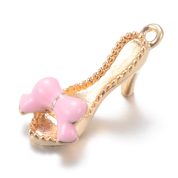 Alloy Enamel Pendants, High-heeled Shoes, Light Gold, Pearl Pink, 21.5x10x10mm, Hole: 1.5mm