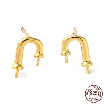 925 Sterling Silver Stud Earring Findings, Arch, for Half Drilled Beads, with S925 Stamp, Real 18K Gold Plated, 10.5x7mm, Pin: 11x0.9mm and 0.7mm
