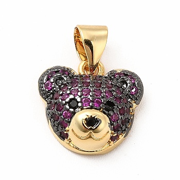 Rack Plating Brass Micro Pave Cubic Zirconia Charms, Cadmium Free & Lead Free, Real 18K Gold Plated, Long-Lasting Plated, Bear Head Charm, Fuchsia, 11.5x12x5mm, Hole: 3.5x4.5mm