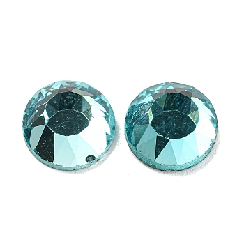 Glass Rhinestone Cabochons, Flat Back & Back Plated, Faceted, Half Round, Medium Turquoise, 10x4.5mm