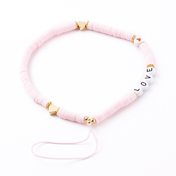 Polymer Clay Heishi Beaded Mobile Straps, Telephone Jewelry, with Acrylic Enamel Beads and Brass Beads, Word Love, Golden, Pink, 20cm
