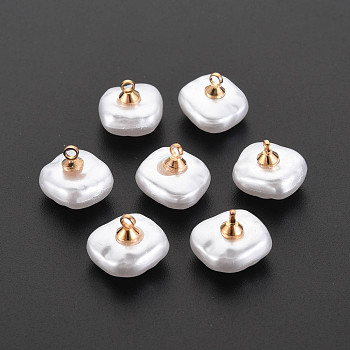 ABS Plastic Imitation Pearl Charms, with Golden Plated Brass Loop and Crystal Rhinestone, Square, Creamy White, 10x13.5x13mm, Hole: 1.6mm