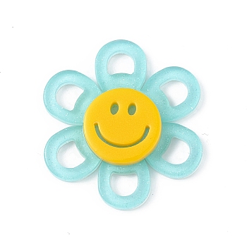 Acrylic Cabochons, with Glitter Powder, Flower with Smiling Face, Cyan, 37x4.5mm