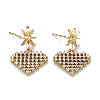 Heart Sparkling Cubic Zirconia Dangle Stud Earrings for Girl Women, Lead Free & Nickel Free & Cadmium Free, Brass Micro Pave Cubic Zirconia Earrings, Real 18K Gold Plated, 25.5mm, Pin: 0.7mm, Pendant: 15x17x2mm
