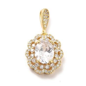 Brass Micro Pave Clear Cubic Zirconia Pendants, with Glass, Flower, Real 18K Gold Plated, 29mm, Hole: 5.5x2mm