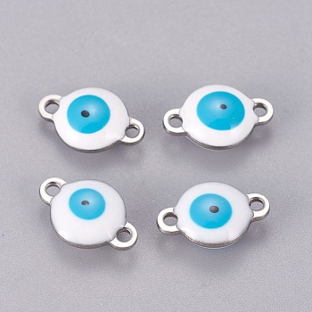 304 Stainless Steel Enamel Links connectors, Flat Round with Evil Eye, Stainless Steel Color, White, 12x8x4mm, Hole: 1.4mm