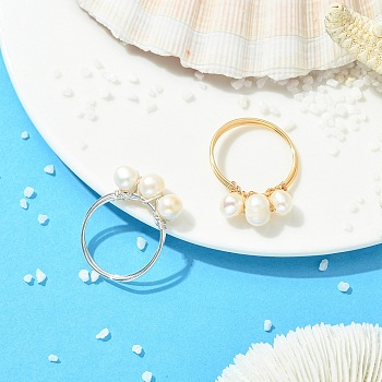 2Pcs 2 Colors Copper Wired Natural Pearl Finger Rings, Round, Platinum & Golden, 18~19mm, 1pc/color