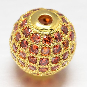 CZ Brass Micro Pave Cubic Zirconia Round Beads, Golden, 8mm, Hole: 2mm
