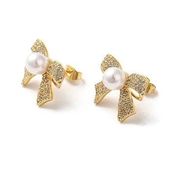 Brass Micro Pave Cubic Zirconia Stud Earrings for Women, with ABS Plastic Imitation Pearl Beads, Bowknot, Real 18K Gold Plated, 16x19.5mm
