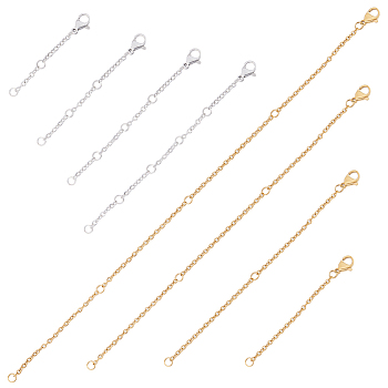 16Pcs 8 Style 304 Stainless Steel Cable Chain Extender, End Chains with Lobster Claw Claps, Golden & Stainless Steel Color, 50~220mm, 2pcs/style