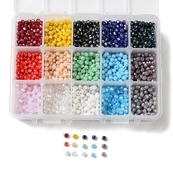 15 Colors Electroplate Glass Beads, Opaque Solid Color, AB Color Plated, Faceted, Rondelle, Mixed Color, 4x3mm, Hole: 0.4mm, 15 colors, 200pcs/color, 3000pcs/box