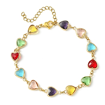 Colorful Glass Heart Link Bracelets, Brass Cable Chains Jewelry for Women, Golden, 7-7/8 inch(20cm)