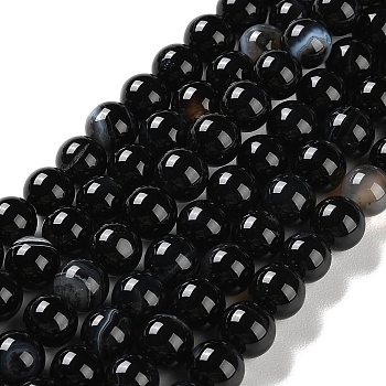Natural Striped Agate/Banded Agate Beads Strands, Dyed, Round, Black, 8mm, Hole: 1.2mm, about 24pcs/strand, 7.48''(19cm)