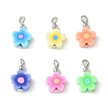 Handmade Polymer Clay Pendants, with Iron Findings, Flower Charm, Platinum, 16x9.5x4mm, Hole: 2~3mm, 6 colors, 1pc/colors, 6pcs/set