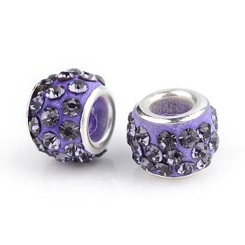 Polymer Clay Rhinestone European Beads, Large Hole Beads, Rondelle, with Silver Color Plated Brass Cores, Tanzanite, 10~12x7~8mm, Hole: 5mm