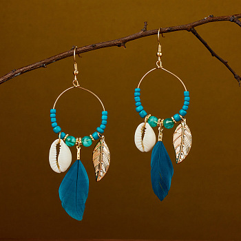 Ring with Leaf Zinc Alloy Acrylic Dangle Earrings, with Feather & Natural Shell, Bohemian Style, Golden, Cadet Blue, 90x30mm