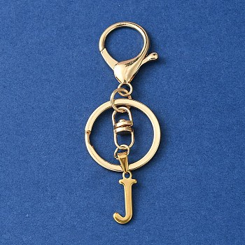 304 Stainless Steel Initial Letter Charm Keychains, with Alloy Clasp, Golden, Letter J, 8.5cm