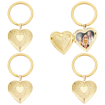 4Pcs Brass Heart Locket Keychain, with Brass Rings, Golden, 75mm