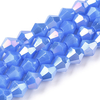 Imitation Jade Electroplate Glass Beads Strands, AB Color Plated, Faceted, Bicone, Royal Blue, 6x6mm, Hole: 1.2mm, about 45~47pcs/strand, 9.65~9.84 inch(24.5~25cm)